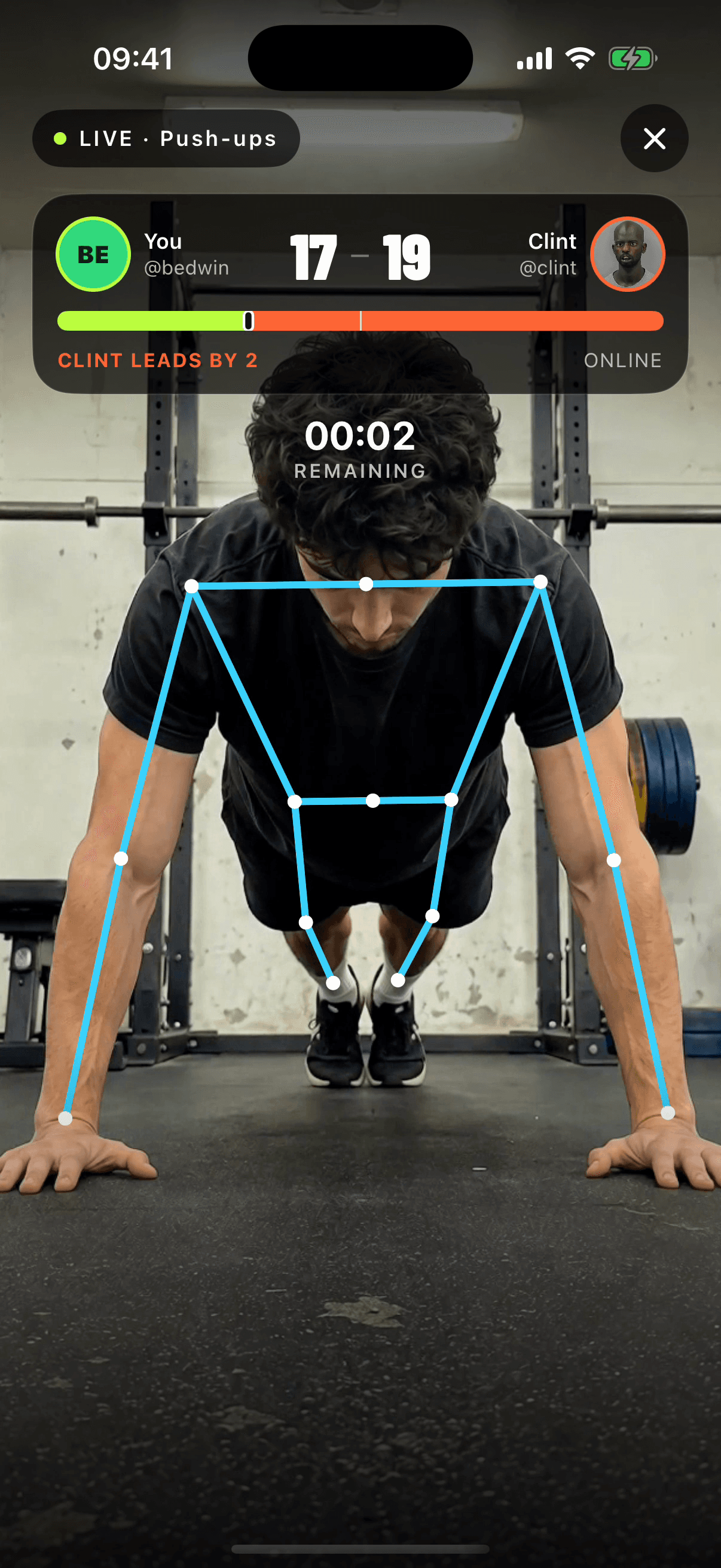 An active PumpDuel push-up duel: Bedwin has 17 reps, Clint has 19, with two seconds remaining.